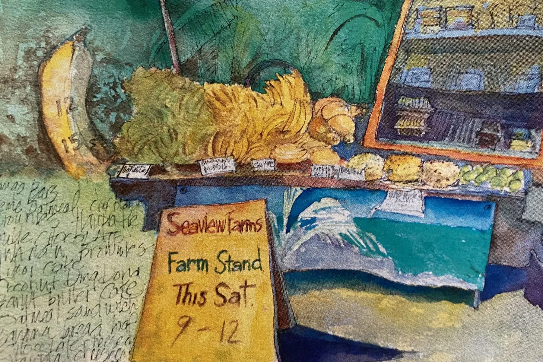 Handmade illustration of a local farm stand and shared resources